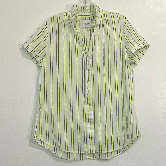 Rochelle Behrens The Shirt Short Sleeve Ruffled Collar Fluorescent Stripe Top - Picture 1 of 12